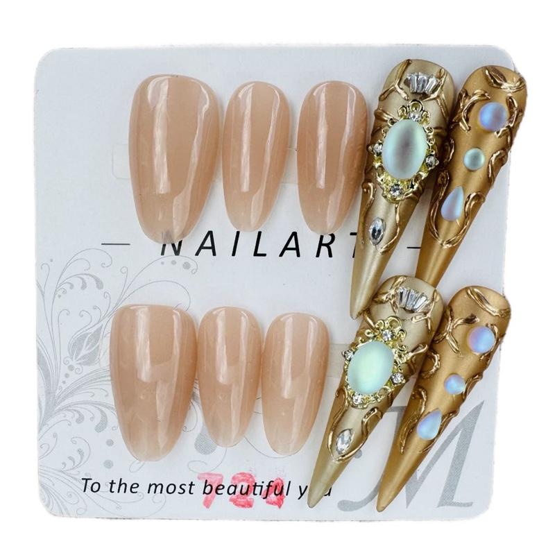 Royal Armor Gold Gem Stiletto Press-On Nails - Handmade Nude & Metallic Tips with 3D Opal Stones and Baroque Crown Accents