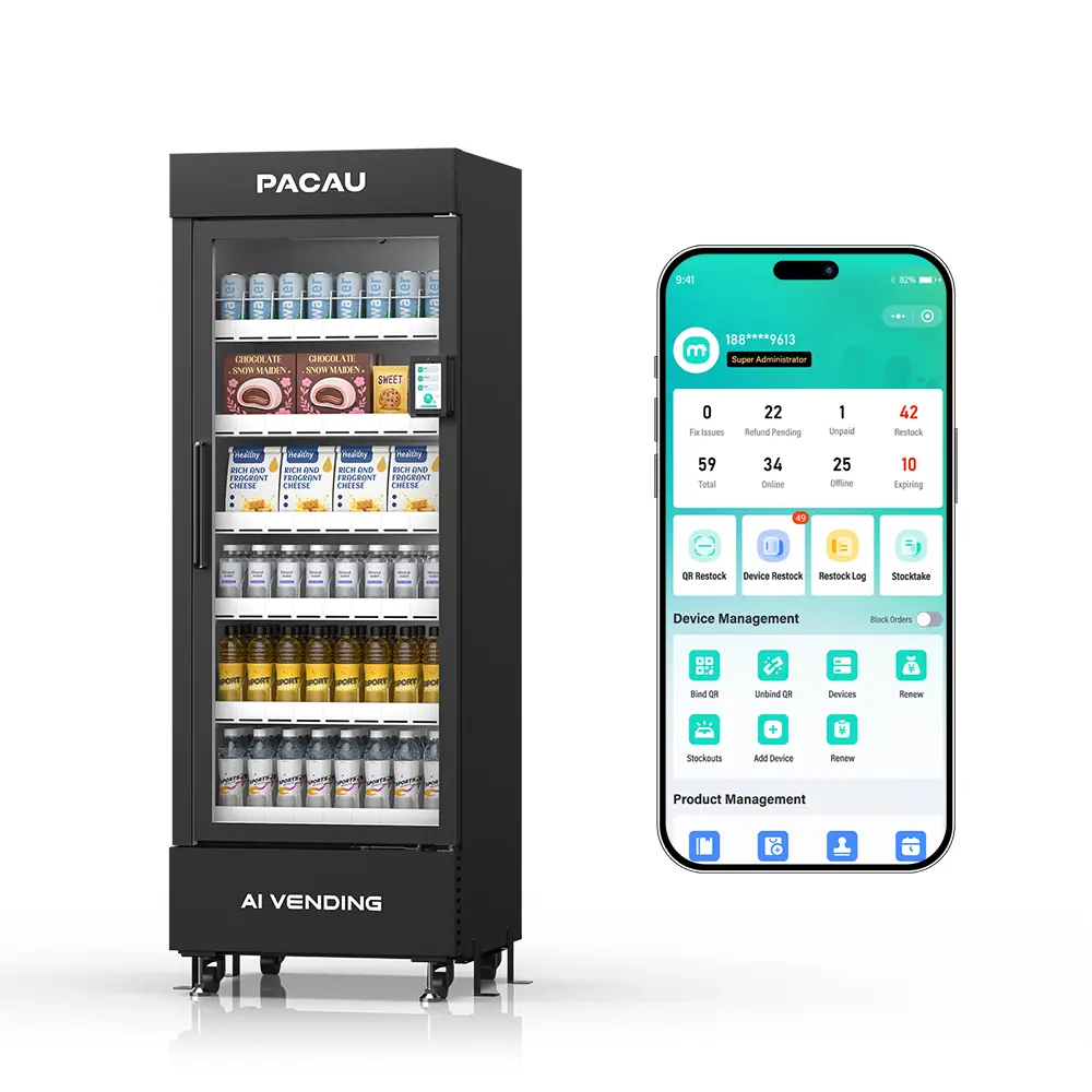 Pacau Smart Vending Machine for Sale, Commercial Snack and Drink Combo Vending Machine, Refrigerated Automatic Vending Machine with Credit Card & NFC Payment for Office, Apartment, Gym