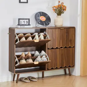 Giratree Shoe Storage Cabinet for Entryway with 4 Flip Drawers, Freestanding Narrow Wood Shoe Cabinet with Wave Panel, Hidden Shoe Organizer for Foyer, Hallway