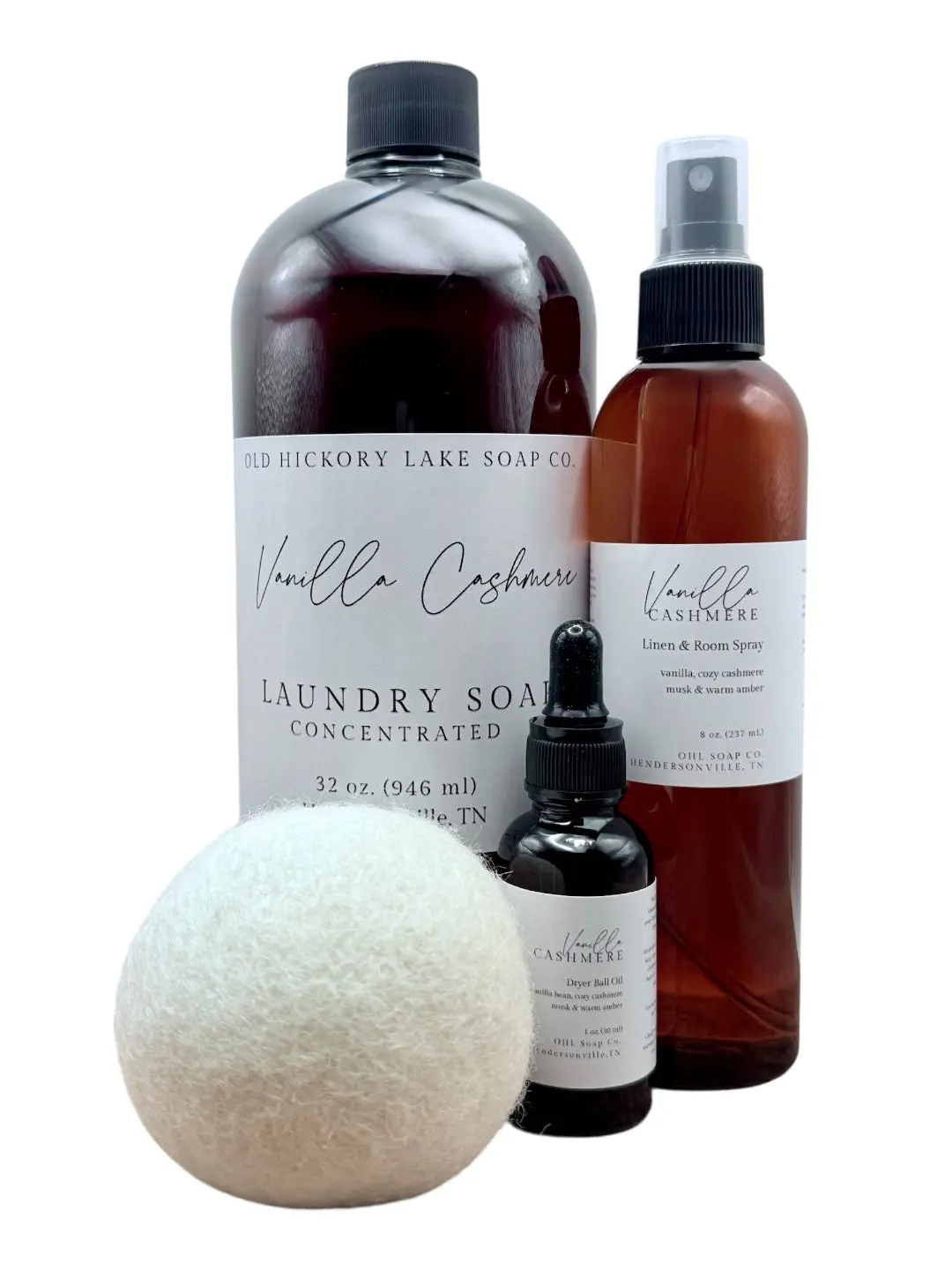 Old Hickory Lake Soap Co. Lakehouse Baby Laundry Bundle Set - 32oz Scented Liquid Detergent, 8oz Spray, 1oz Black/Amber/Smoky Black Amber Fragrance Oil, Eco Wool Dryer Ball (For 8+ Years, Lavender, Refreshing, Softening)