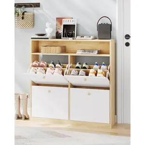 Shoe Cabinet 4 Flip Drawers Adjustable Dividers Space Saving Narrow Design for Entryway Hallway Living Room, wooden