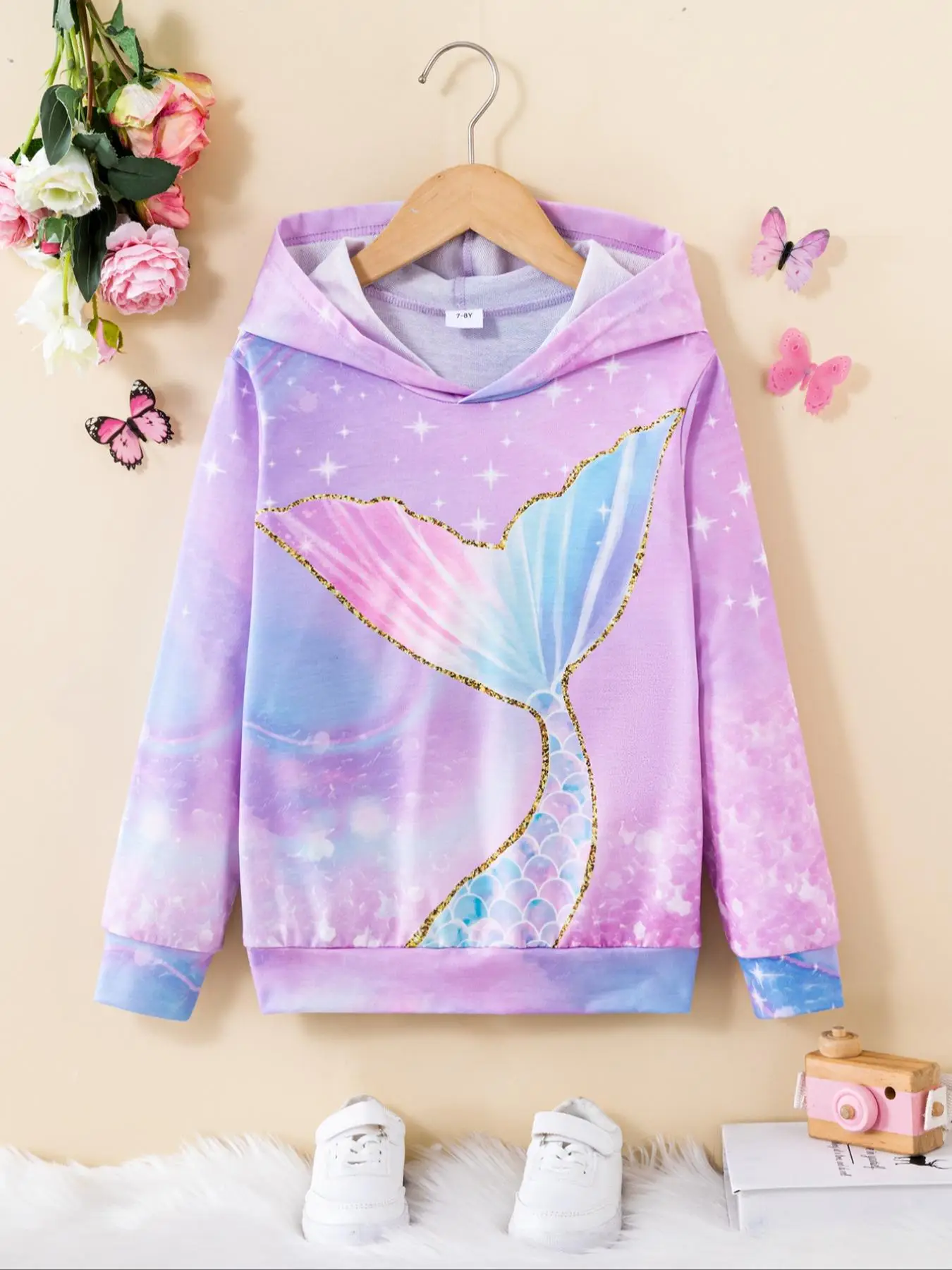 Girl's Mermaid Tail Print Drop Shoulder Hoodie, Cute Long Sleeve Hooded Sweatshirt for Fall & Winter, Kids Clothes for Daily Wear