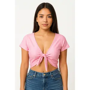 Lycra top with semi-short sleeves and front bow