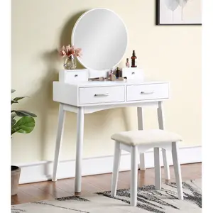 "Liannon Contemporary White Wood Vanity and Stool Set, Modern Makeup Dressing Table with Storage Drawers, Perfect for Bedroom, Bathroom, or Dressing Area, Stylish Home Furniture"