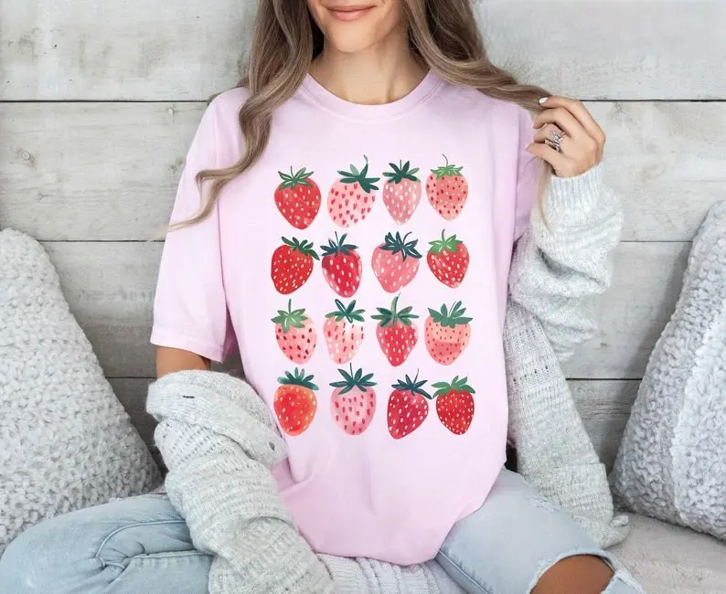 Cute Strawberry Tshirt | Summer Strawberry Shirt, Cottagecore Berries Tshirt, Strawberry Aesthetic, Botanical Garden Tshirt Top Womenswear