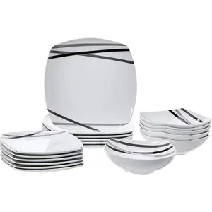 18 Piece Kitchen Dinnerware Set, Dishwasher and Microwave Safe, Square Plates, Bowls, Service for 6, Modern Beams