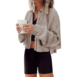 Women's Cropped Waffle Knit Shacket Short Button Down Jacket Batwing Sleeve Shirts with Pocket