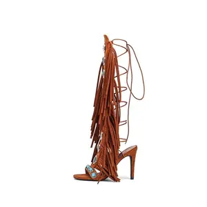 Genuine Cow Suede Leather Tassel Women's Sandals | Peep-Toe Jeweled Lace-Up 10cm High Heels | Brown Girlish Fashion Footwear
