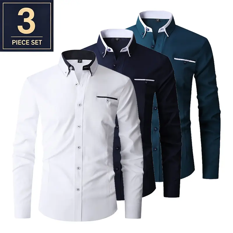 3-Pack Men’s Slim Fit Colorblock Collar Dress Shirts, Business Casual Long Sleeve Tops