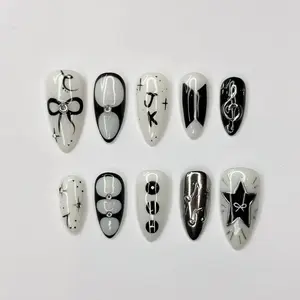 Kpop Inspired Black & White Nails, Y2K Star and Bow Nails,Musical Note Gothic Press On Nails