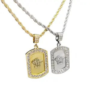 Iced Medusa Head Dog Tag Cubic Zirconia Pendant & 24" 4mm Rope Chain Bling Necklace