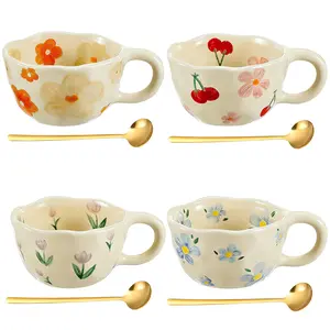 4-Style Irregular Shaped Cute Reusable Porcelain Ceramic Flower Mug & Cup Set - Ideal for Coffee, Tea (Kitchenware Drinkware), Reuse