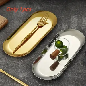 Stainless Steel Vanity Tray, 1 Count Elegant Oval Shaped Makeup Tray, Multifunctional Jewelry Storage Tray, Home Organizer for Living Room Bedroom Bathroom, Plates, Flat Top Plate