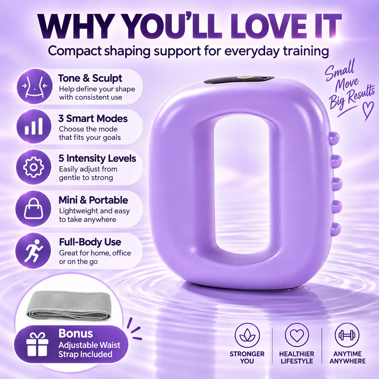 Compact Shaping Support for Everyday Training - Tone & Sculpt with 3 Smart Modes and 5 Intensity Levels - Mini & Portable for Full-Body Use - Bonus Adjustable Waist Strap Included