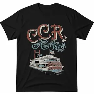 CCR Band Tribute Retro Tee Creedence Clearwater Revival with Steamboat Graphic Black T Shirt Cotton Menswear Top Casual Tshirt