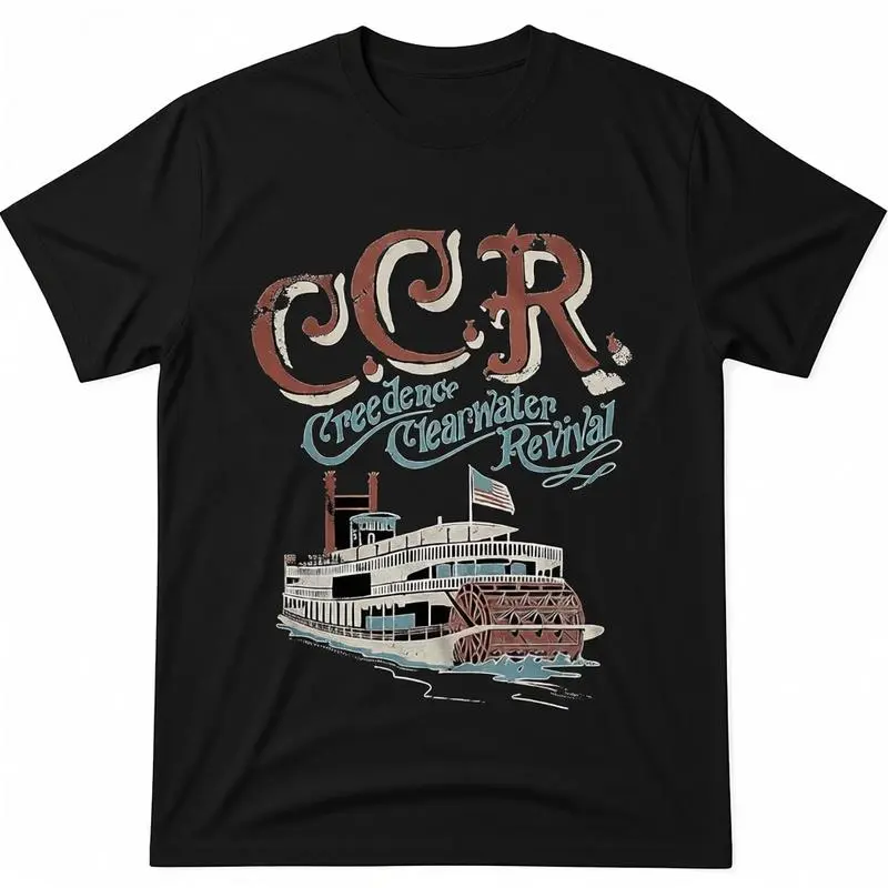 Men's Creedence Clearwater Revival Graphic T-Shirt - 100% Cotton Comfy Streetwear, Classic Fit Short-Sleeve Round Neck Retro Band Casual Top