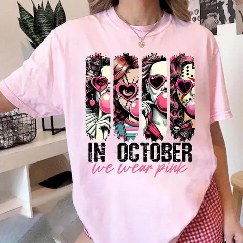 In October We Wear Pink Y2k Graphic Tee, Pink Horror Blowing Bubble Youth Shirt, Breast Cancer Halloween Characters Horror Movie Unisex T-Shirt, Perfect Gift For Men, Women, And Kids