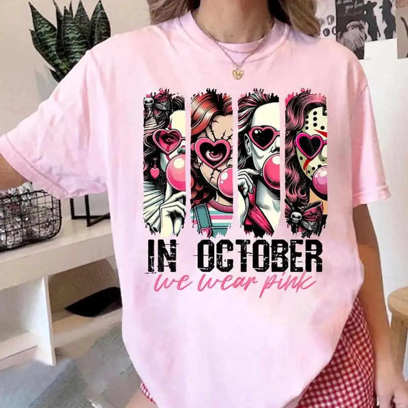 In October We Wear Pink Y2k Graphic Tee, Pink Horror Blowing Bubble Youth Shirt, Breast Cancer Halloween Characters Horror Movie Unisex T-Shirt, Perfect Gift For Men, Women, And Kids