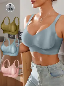 3pc Women's Minimalist Solid Color Wireless Bra, Multiway Bra, Casual, Comfortable, Breathable, Casual Comfy Bras, Elegant Push Up Bra, Satin Glossy High-end Women's Underwear