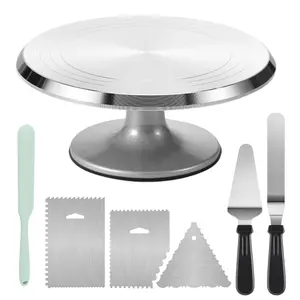 Aluminium Cake Turntable Set, Baking Tools with Revolving 12" Cake Stand for Decorating, 12.7" Offset Spatula, 3 Stainless Steel Frosting Icing Smoother, Cake Serve Cake Decorating Kit Supplies