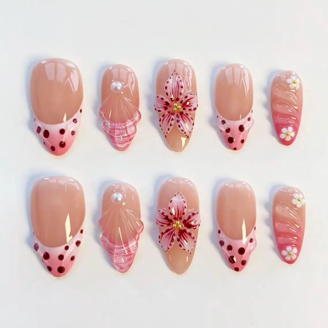 Blooming Pink Flower Nails/press on nails long almond nails/Elegant nails/3D Gel Shell Nails/polka dot nails/Birthday nails/Holiday Nails