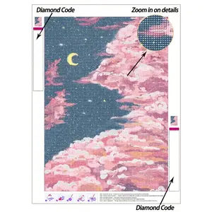 5D DIY Diamond Painting|Pink Oil Painting Style Diamond Painting Kits, Pink Clouds Lingering Around The Moon. Diamond Painting For Adults Poster Wall Decor, Home Decor Diamond Painting, Make Your Own Wall Art DIY, Enjoy The Fun Of Hands-On