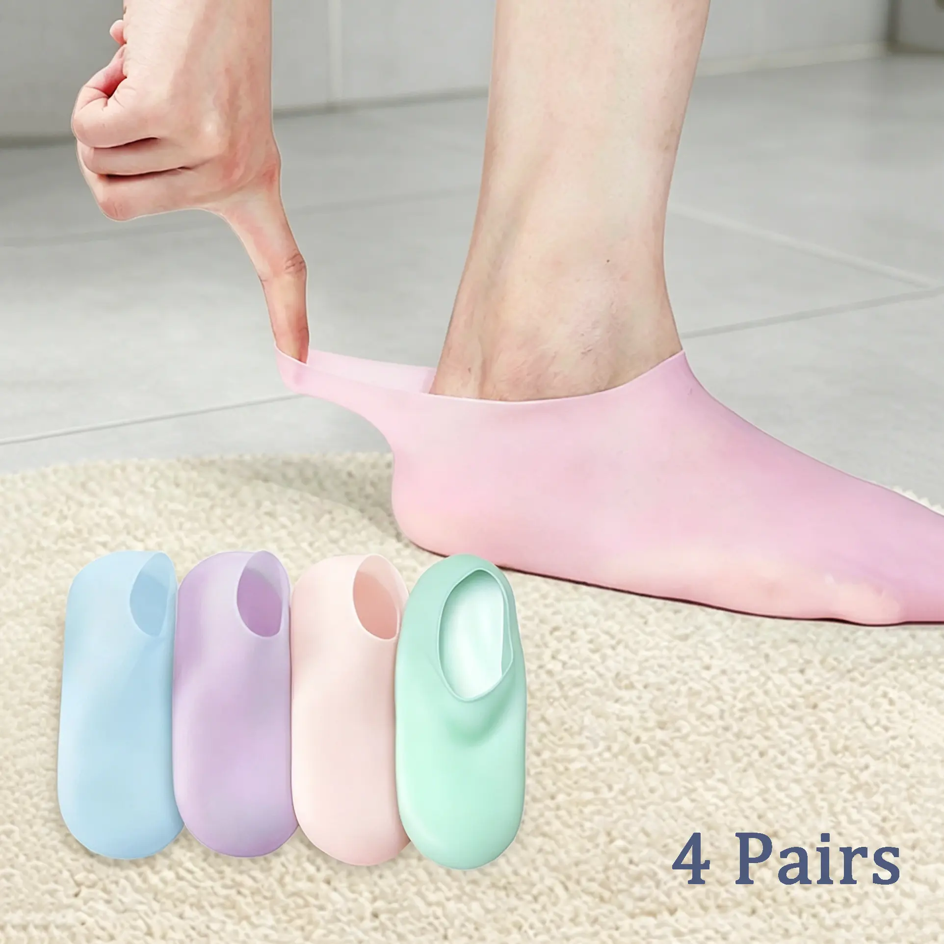 Women's 4-Pair Reusable Silicone Gel Rubber Anti-Slip Ankle Socks - Aloe Infused, Smooth, Exfoliating, Hydrating Spa Socks for Overnight Pedicure, Dry Cracked Heels, Beach Use, Soft, Moisturizing, Lady, Slip On, Dry Cracked Feet
