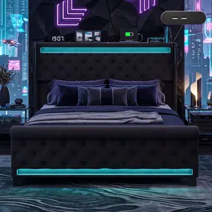 Belffin Queen Size LED Bed Frame with Charging Station, Upholstered Platform Bed with RGB Lights, Modern Smart Bed Frame, No Box Spring Needed, Noise-Free