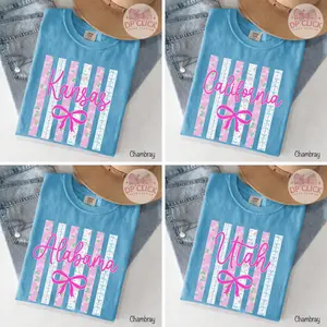 Comfort Colors All States Bow Shirt, Coquette Aesthetic States Tee, Personalized Gift for Her Floral Stripe Ribbon Graphic T-Shirt, Vintage Soft Washed Women Tee, USA States Pride Gift, Cute Girly Shirt – DPCLICK