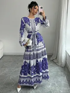 Elegant Floral Print Long Dress for Women, Round Neck Long Sleeve A-Line Dress with Belt, Casual Style Spring & Fall Fashion