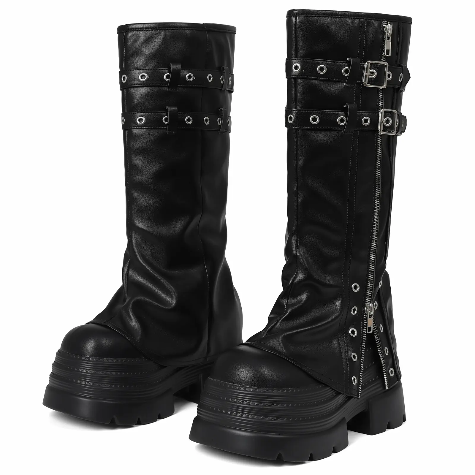 AOSPHIRAYLIAN Women's Punk Platform Combat Boots Black Faux Leather Double Buckle Eyelet Zipper Rounded Toe Chunky Heel Ankle Boots knee High Fall Women Ladies  Boots
