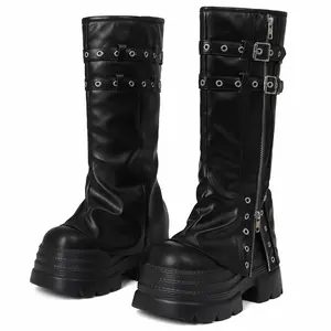 AOSPHIRAYLIAN Women's Punk Platform Combat Boots Black Faux Leather Double Buckle Eyelet Zipper Rounded Toe Chunky Heel Ankle Boots knee High Fall Women Ladies  Boots