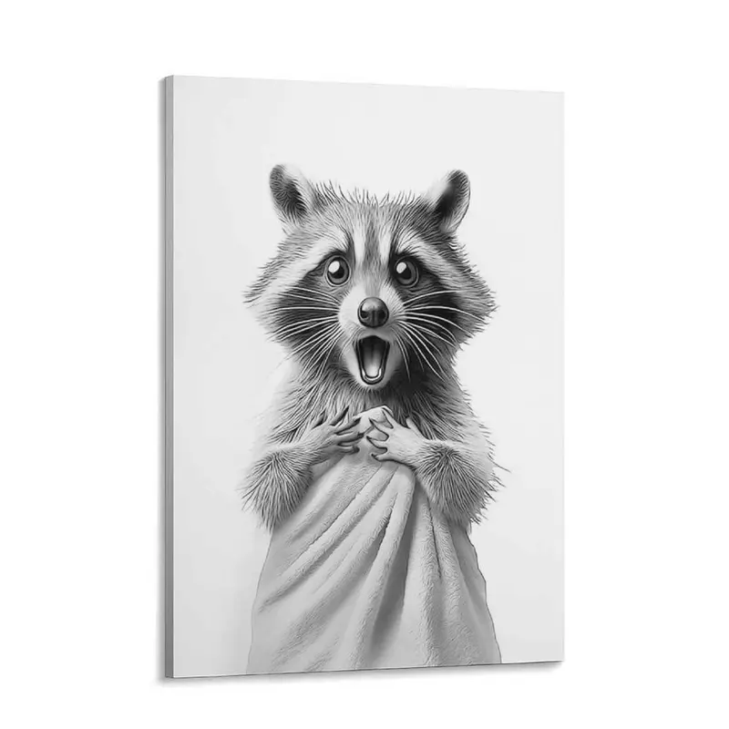 Framed Wall Art with Raccoon in Towel, 12x16in Funny Animal Bathroom Canvas Print, Black and White Raccoon Poster, Cute Raccoon Picture Wall Decor for Bathroom, Kids' Room, Bedroom, Nursery, Home