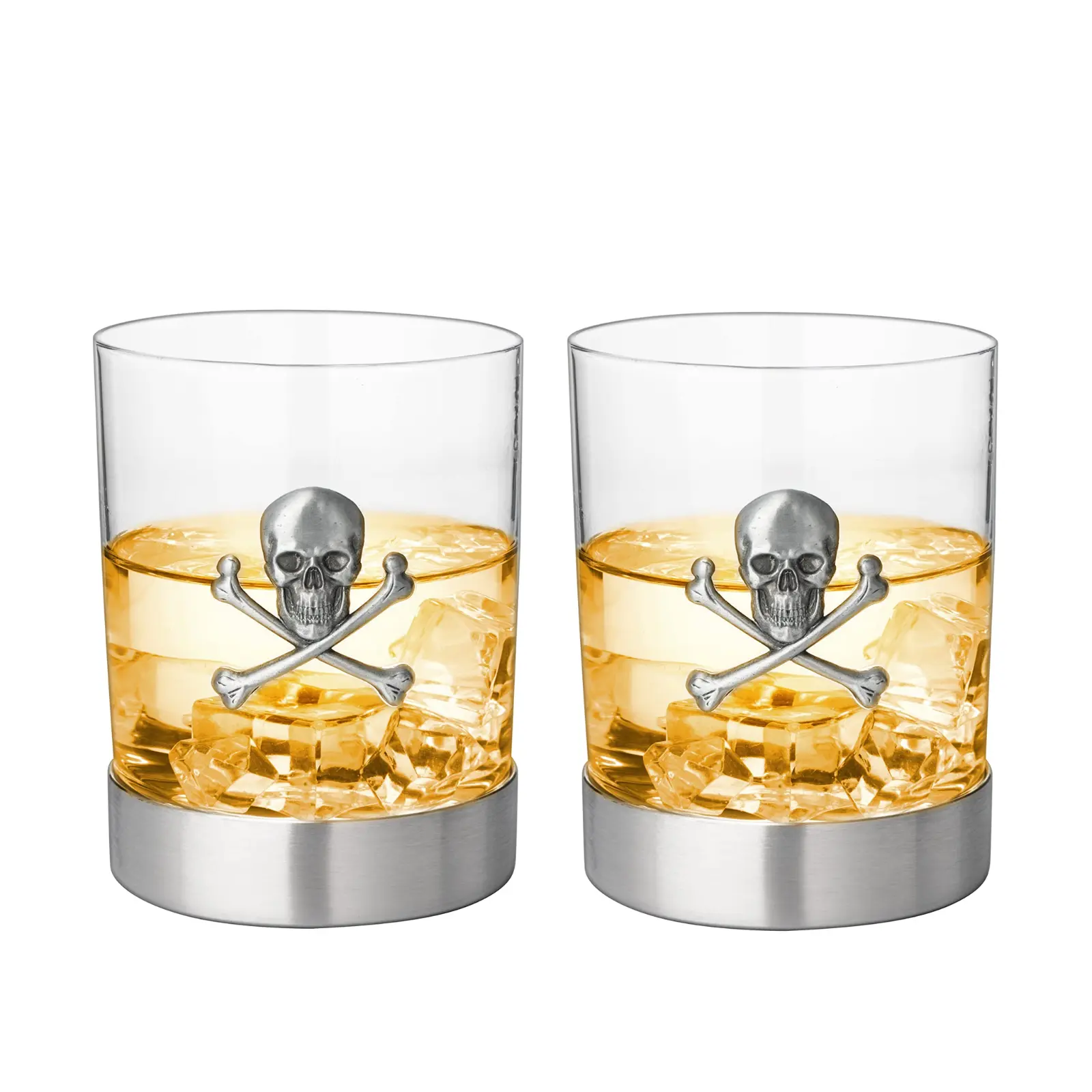 Skull & Skeleton Crossbones Pewter Whiskey & Wine Drinking Glasses - 11oz Set of 2 - Water, Rum, Brandy & Scotch Glass, Elegant, Skeleton Crystal Cup, Gifts for Men & Women, Old Fashioned Glass