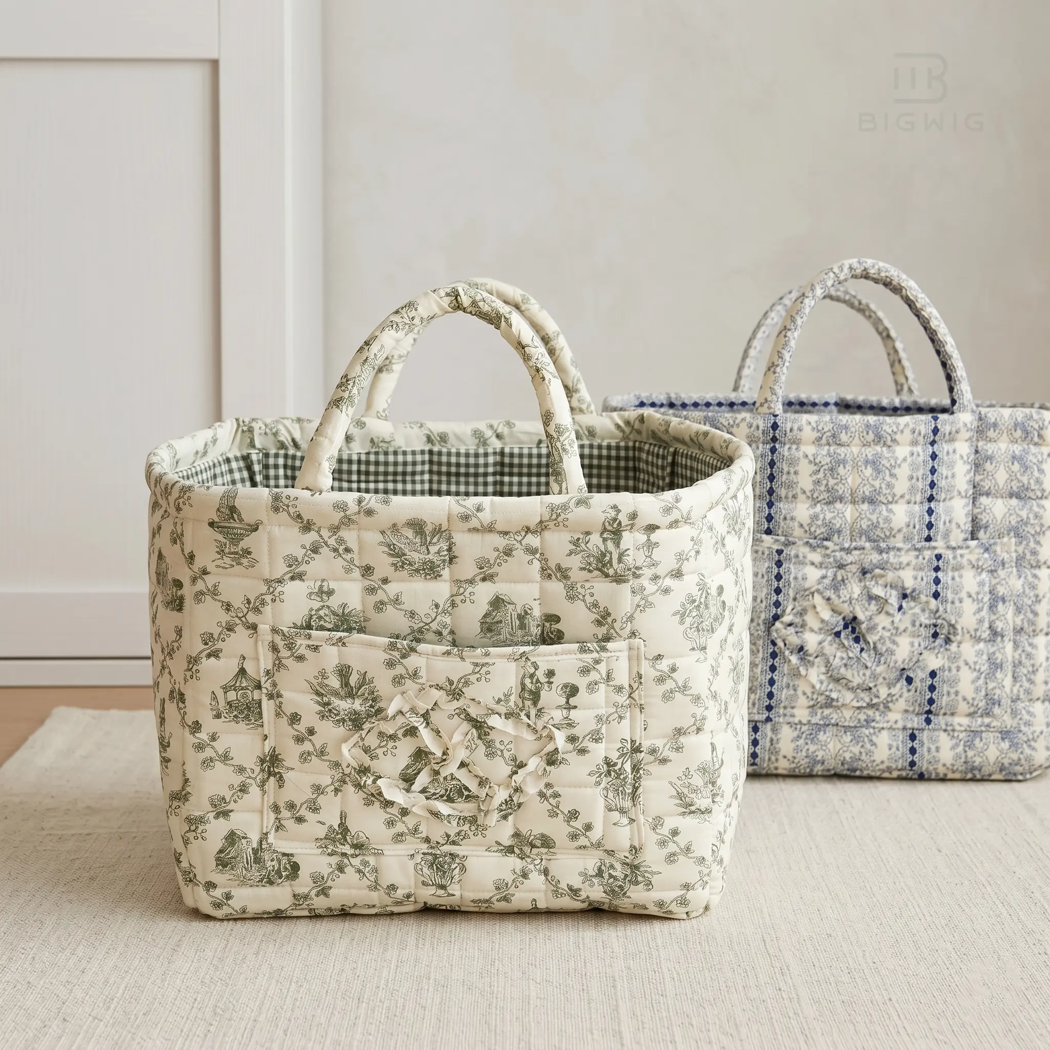 French Floral Quilted Shopping Bag for Women, Large-Capacity Soft Cotton Vintage Reusable Tote Bag, Aesthetic Car Storage Functional Organizer, Tote Bags, Bags For Women Waterproof Miffy Leather Pen