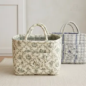 French Floral Quilted Shopping Bag for Women, Large-Capacity Soft Cotton Vintage Reusable Tote Bag, Aesthetic Car Storage Functional Organizer, Tote Bags, Bags For Women Waterproof Miffy Leather Pen