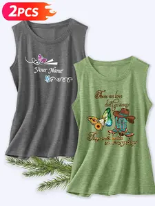 Women's 2-Piece Crew Neck Tank Top, Customizable Butterfly & Western-Style Butterfly Print, Multiple Colors Available, Machine Washable, Spring & Summer Top, Soft Skin-Friendly Fabric, Daily Versatile, Fashion Design, Womenswear