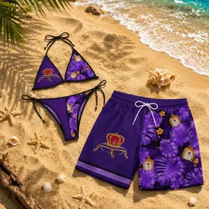 Crown Royal Purple Tropical Couples Swimwear Set, Matching Bikini & Men’s Beach Shorts, Hawaiian Summer Vacation Outfit