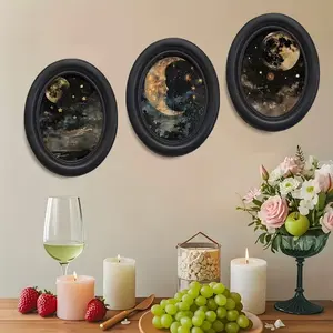 3 counts Bohemian Moon Photo Frame Art - Victorian Style Wooden Wall Decor,6.8 * 8.7inch" Round, Perfect for Home, Bedroom, Office, or Farmhouse - Ideal Gift for Family and Friends, Moon Decor, Picture Frame