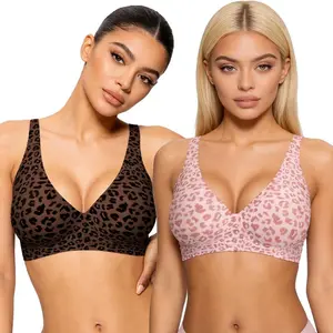 Womens Jelly Bras Wireless Comfortable Soft Push Up Bralettes Seamless Tshirts Bras Deep V Everyday Bras Leopard Push-Up Print Set