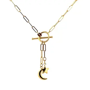 14K Gold Paper Clip Star and Moon Charm Necklace