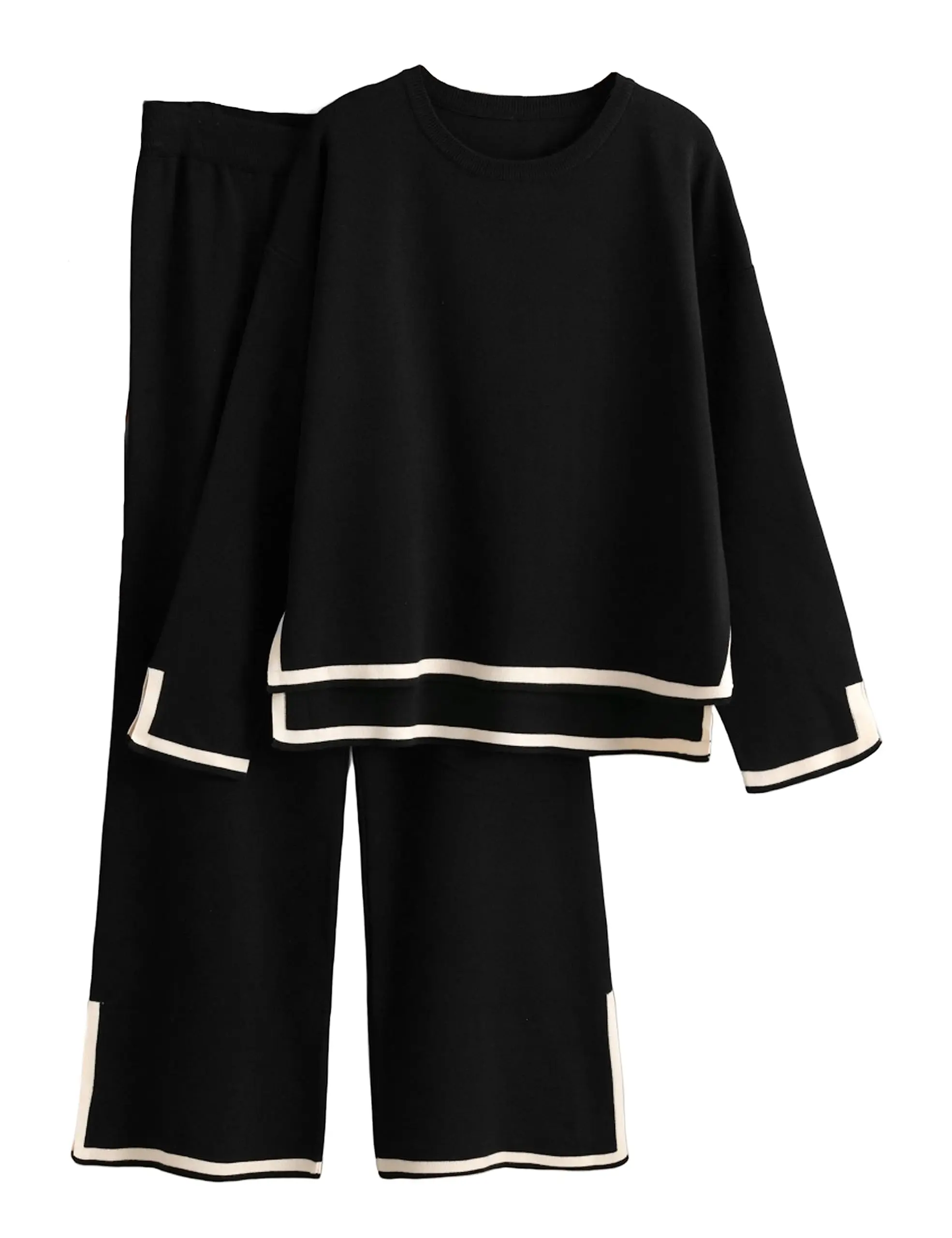 MNLYBABY Sweater Sets Women 2 Piece Outfits Long Sleeve Knit Sweater Top Wide Leg Pants Lounge Sets Elastic Waistband Underwear Lady Womenswear Clothes Suits Casual Baggy Loose Trouser