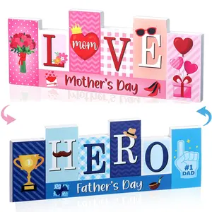 Father's Day Wooden Table Sign Mother's Day Party Decorations LOVE HERO Reversible Tabletop Decor Happy Fathers Table Centerpieces Double-sided Mother's Gift Sign for Home Office Desk Supplies