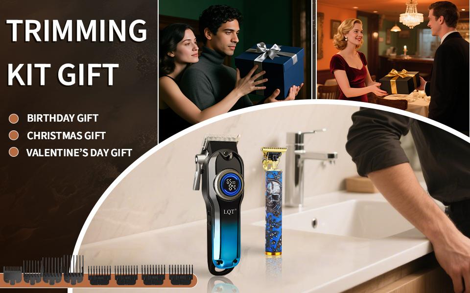 LQT Blue Gradient Skull Graffiti 2-in-1 Men's Grooming Kit, Cordless Hair Clipper with LED Display, Gold T-Blade Trimmer, Complete Rechargeable Barber Set for Salon & Home DIY Fades, Edges & Beard Styling