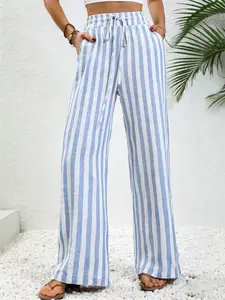 Women's Blue White Vertical Striped Wide Leg Pants 2026 Trendy Casual Baggy Trousers Elastic High Waist Drawstring Comfy Streetwear for Daily Outings Beach Vacation Shopping Fashionable Loose Fit Bottoms Bohemian Bottom Multiple Colors Available
