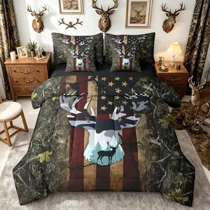 Deer Bed in a Bag Rustic Cabin Country 7 Piece Bedding Set,for Kids Boys Girls Decor Deer Hunting Comforter Set with Sheets,Pillowcases & Cushion Cover Microfiber American Flag
