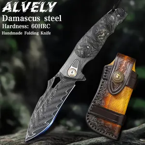 ALVELY Ambidextrous Stainless Steel Folding Knife with V-Grind Drop Point Blade, Lightweight EDC Pocket Knife with Cowhide Scabbard, Wooden Handle, Internal Lock and Pocket Clip for Camping, Traveling - Ideal for Valentine's Day, Father's Day