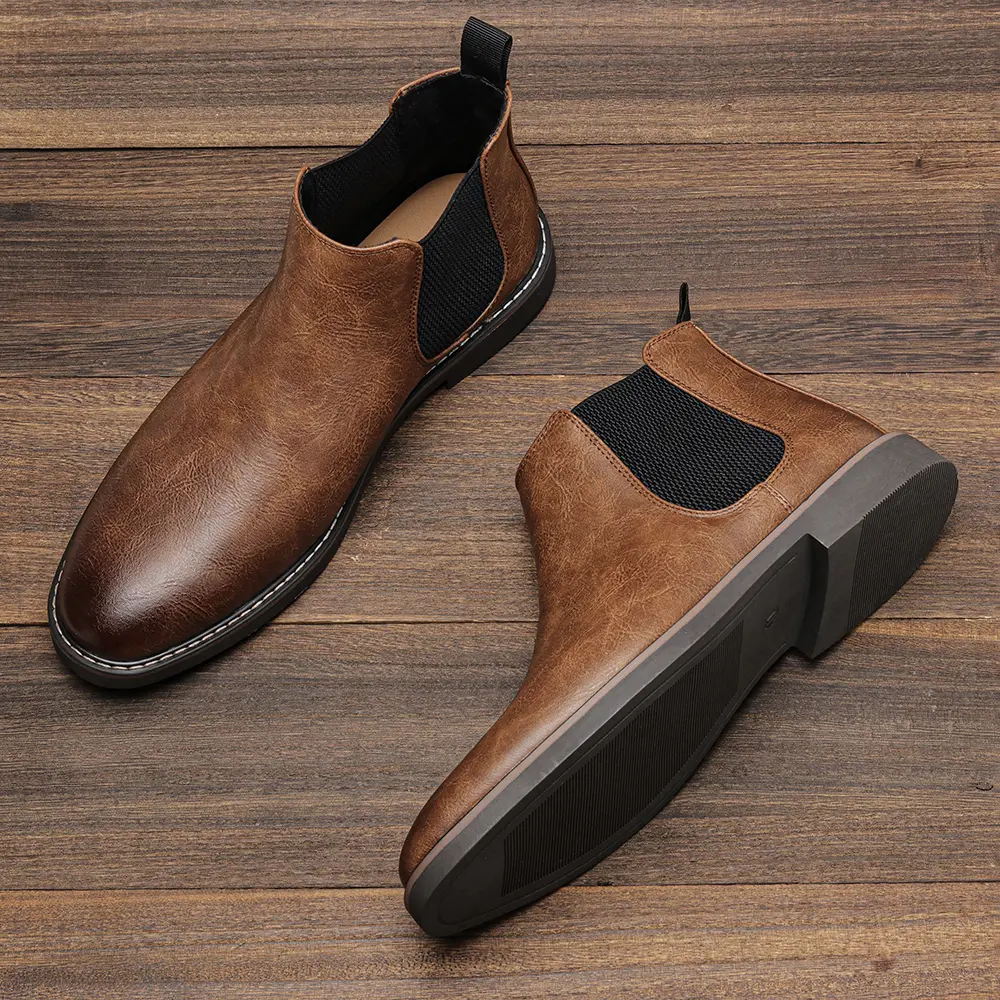 Men’s Retro Slip-On Leather Ankle Boots with Rubber Sole, Pull Tab, Cuban Heel - Comfortable Non-Slip Casual Wear Shoes for Walking, Everyday Work, Walking Shoes