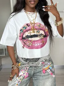 Women's Y2K Streetwear Crop Top With Cross & Gemstone Lip Print, Casual Short Sleeve Graphic T-Shirt For Daily Street Style Outfits