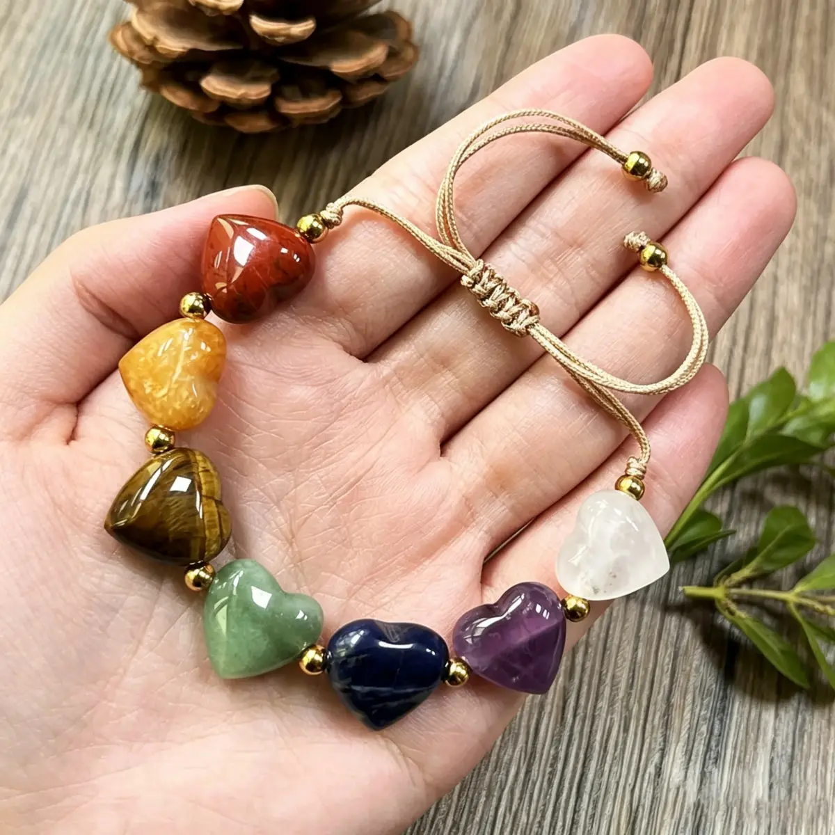 Love Themed Braided Bracelet with Multicolor 7 Chakra Stone Beads, Pull On Healing Jewelry for Women, Adjustable Knot, Daily, Elegant, Female, Heart